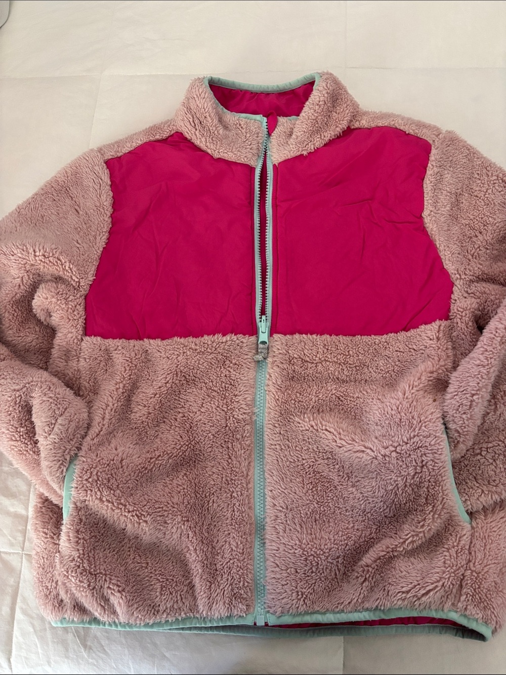 Kids Plush Pink Sherpa Puffer Jacket with Hot Pink Panel